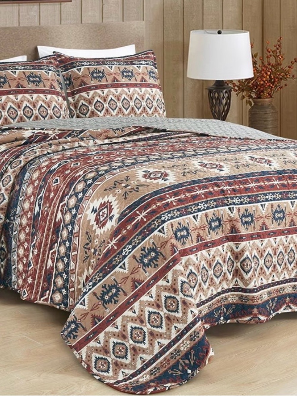 Southwest Pattern Quilted Bedding Set in Brown and Navy - Unknown Brand